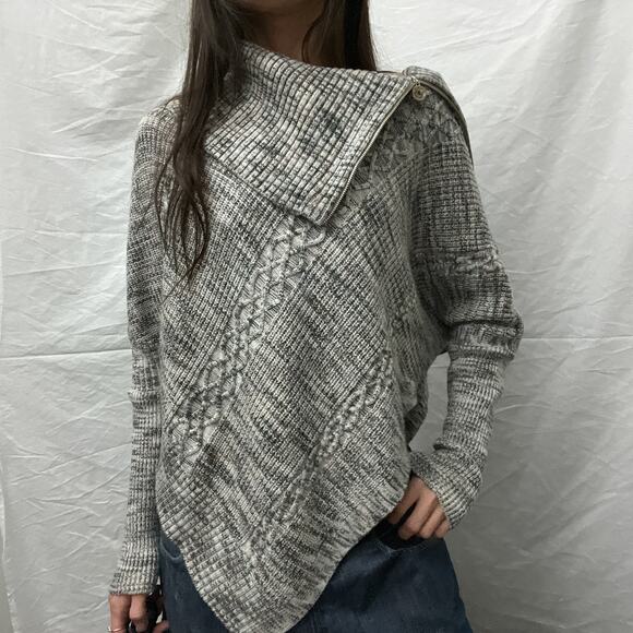 y2k style cream brown ribbed cable knit zip poncho wool blend sweater by whbm - Picture 2 of 7